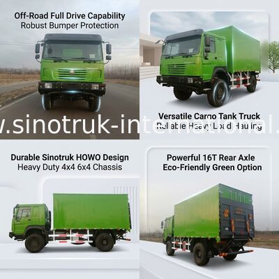 SINOTRUK भारी ड्यूटी ट्रक जिसमें 4X4 LHD ड्राइव प्रकार, 5000*2300*2300 मिमी कार्गो टैंक, और भारी भार ढोने के लिए 16T रियर एक्सल क्षमता है
