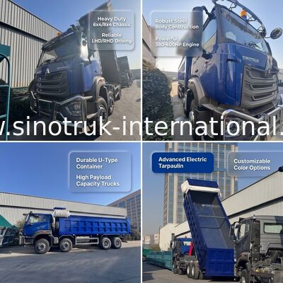 Sinotruk HOHAN नई HOWO 8X4 डंप ट्रक 371hp H77L केबिन नीला इलेक्ट्रिक बरतन RHD के साथ