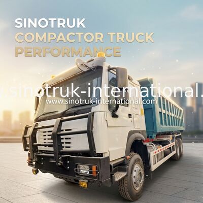 SINOTRUK हुक-आर्म कचरा ट्रक जिसमें 20-टन HYVA हुक आर्म, 43-व्हीलबेस चेसिस और अनुकूलन योग्य कंटेनर वॉल्यूम है