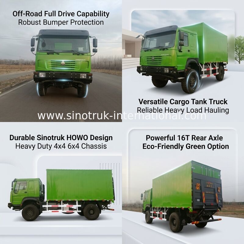 SINOTRUK भारी ड्यूटी ट्रक जिसमें 4X4 LHD ड्राइव प्रकार, 5000*2300*2300 मिमी कार्गो टैंक, और भारी भार ढोने के लिए 16T रियर एक्सल क्षमता है