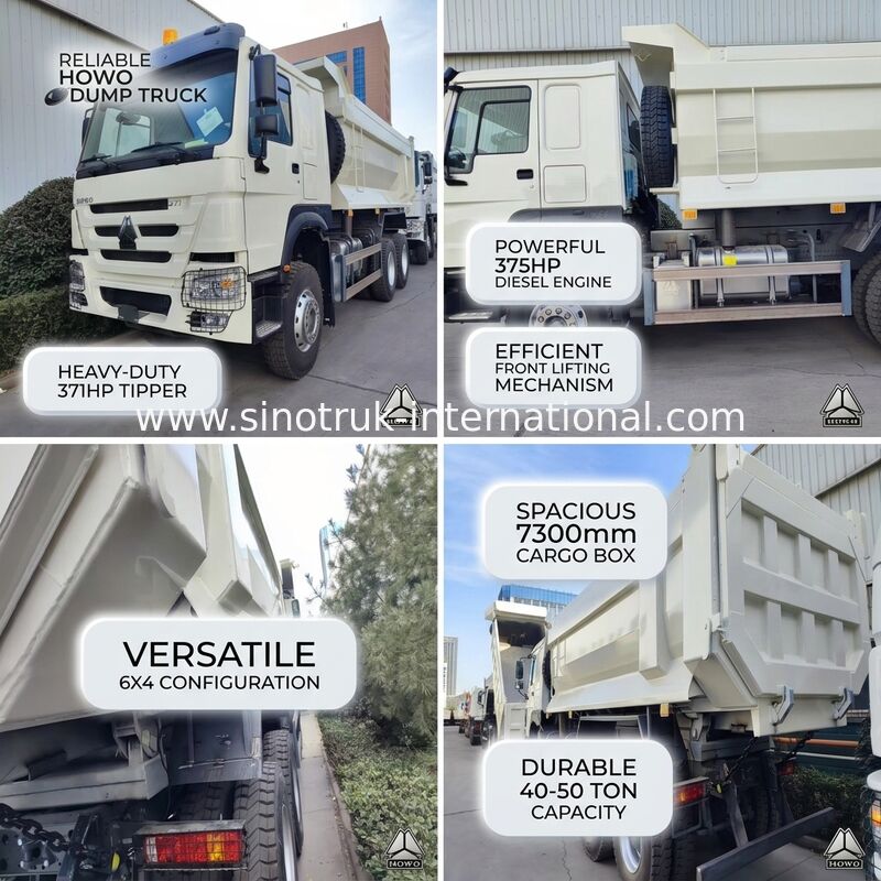 टिकाऊ HOWO 6×4 371HP 20CBM भारी काम के लिए उच्च-शक्ति स्टील शरीर के साथ सफेद डंप ट्रक
