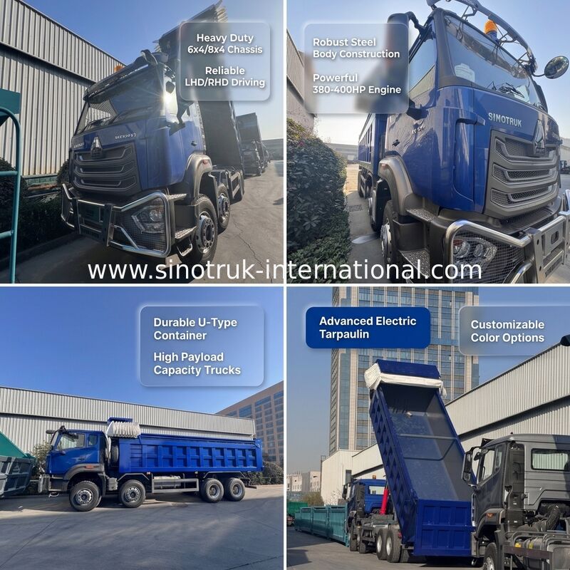 Sinotruk HOHAN नई HOWO 8X4 डंप ट्रक 371hp H77L केबिन नीला इलेक्ट्रिक बरतन RHD के साथ