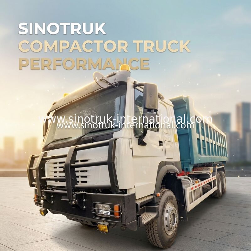 SINOTRUK हुक-आर्म कचरा ट्रक जिसमें 20-टन HYVA हुक आर्म, 43-व्हीलबेस चेसिस और अनुकूलन योग्य कंटेनर वॉल्यूम है