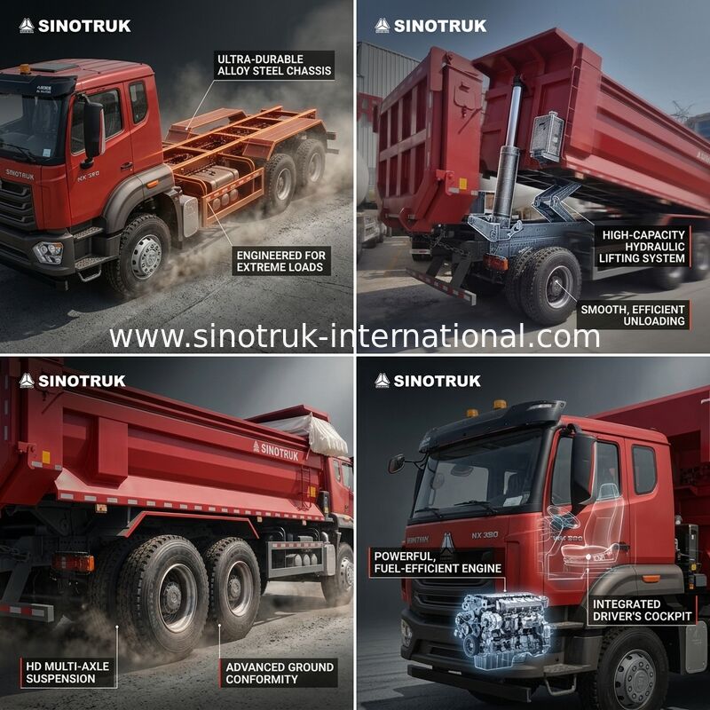 सिनोट्रुक होहान न्यू होवो टिपर डंप ट्रक N7 8 × 4 12 पहिया 380Hp Lhd या Rhd टारपौलीन यू प्रकार कंटेनर के साथ